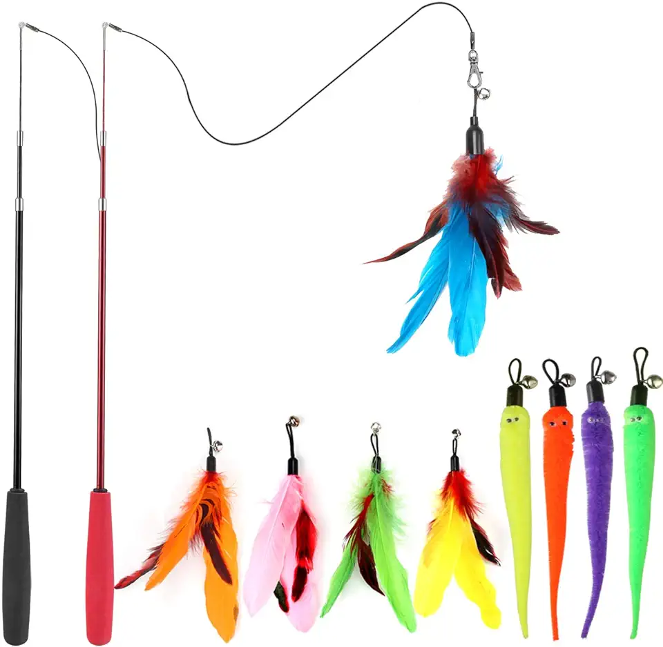 Interactive Cat Toys - Retractable Wand Toy and Feather...