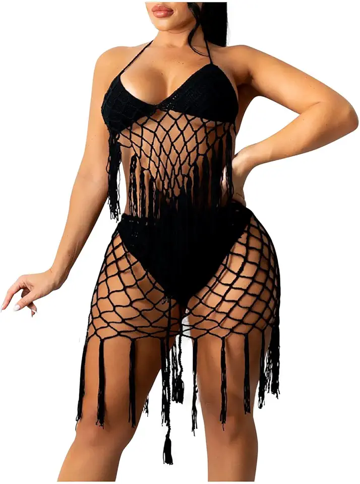 Women's Tassel Fishnet Swimsuits High Waisted Two...